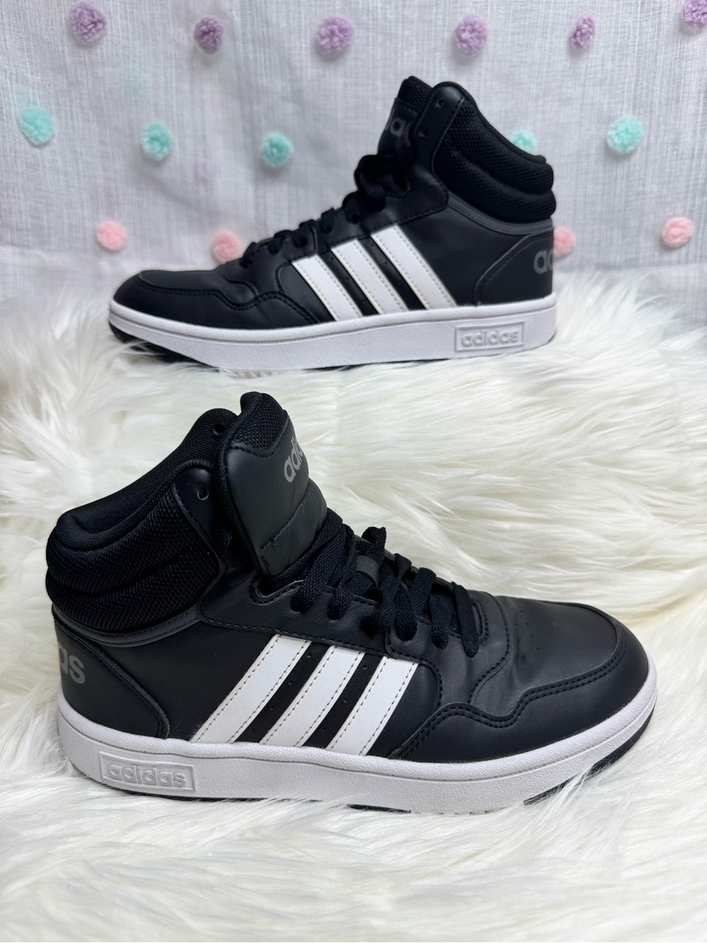 adidas Boys High Top Sneakers Black White Lace Up Breathable US 5